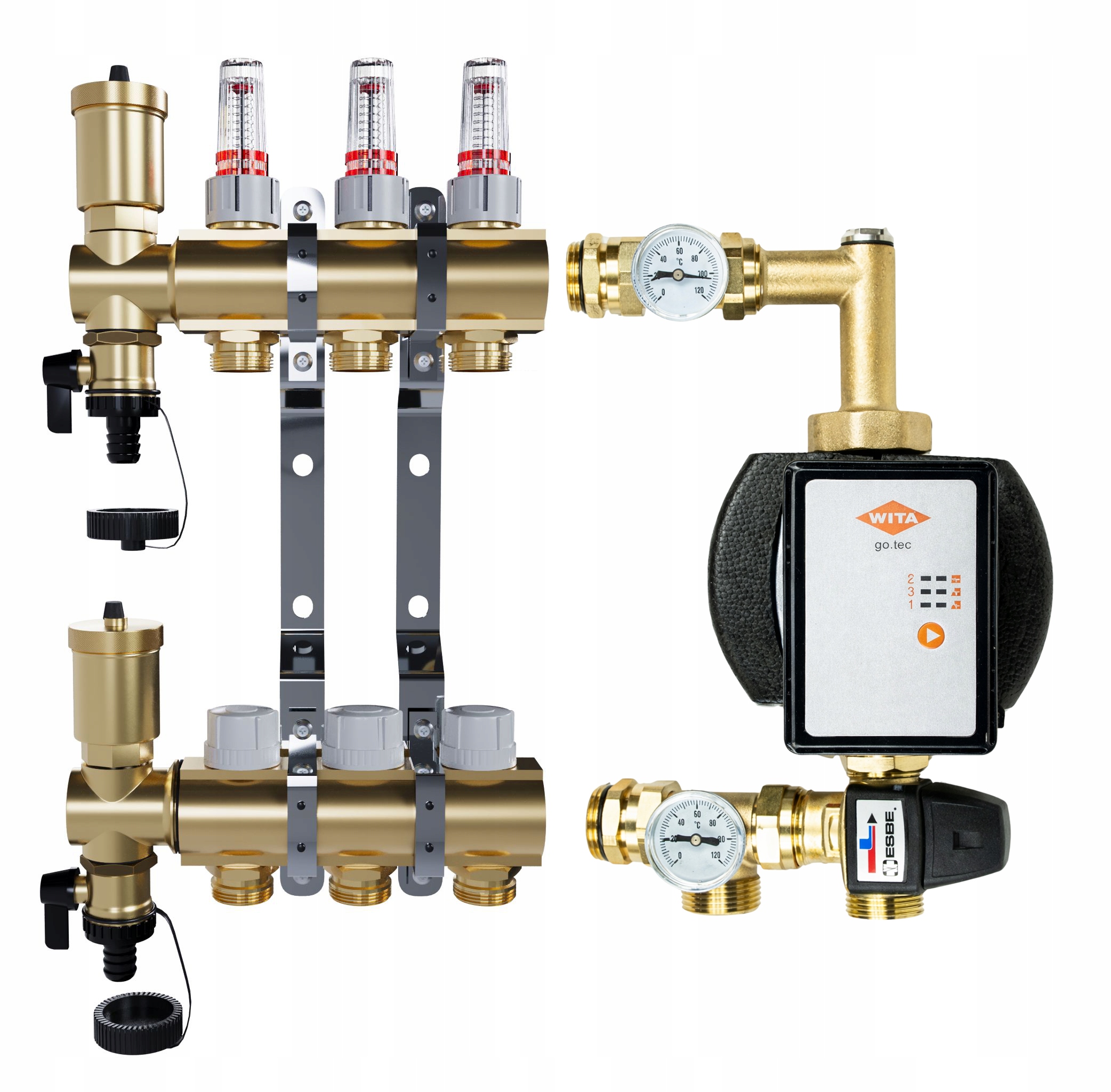 Rozdělovač pro podlahu, 3 mosazné sekce pro vytápění Čerpadlo Wita