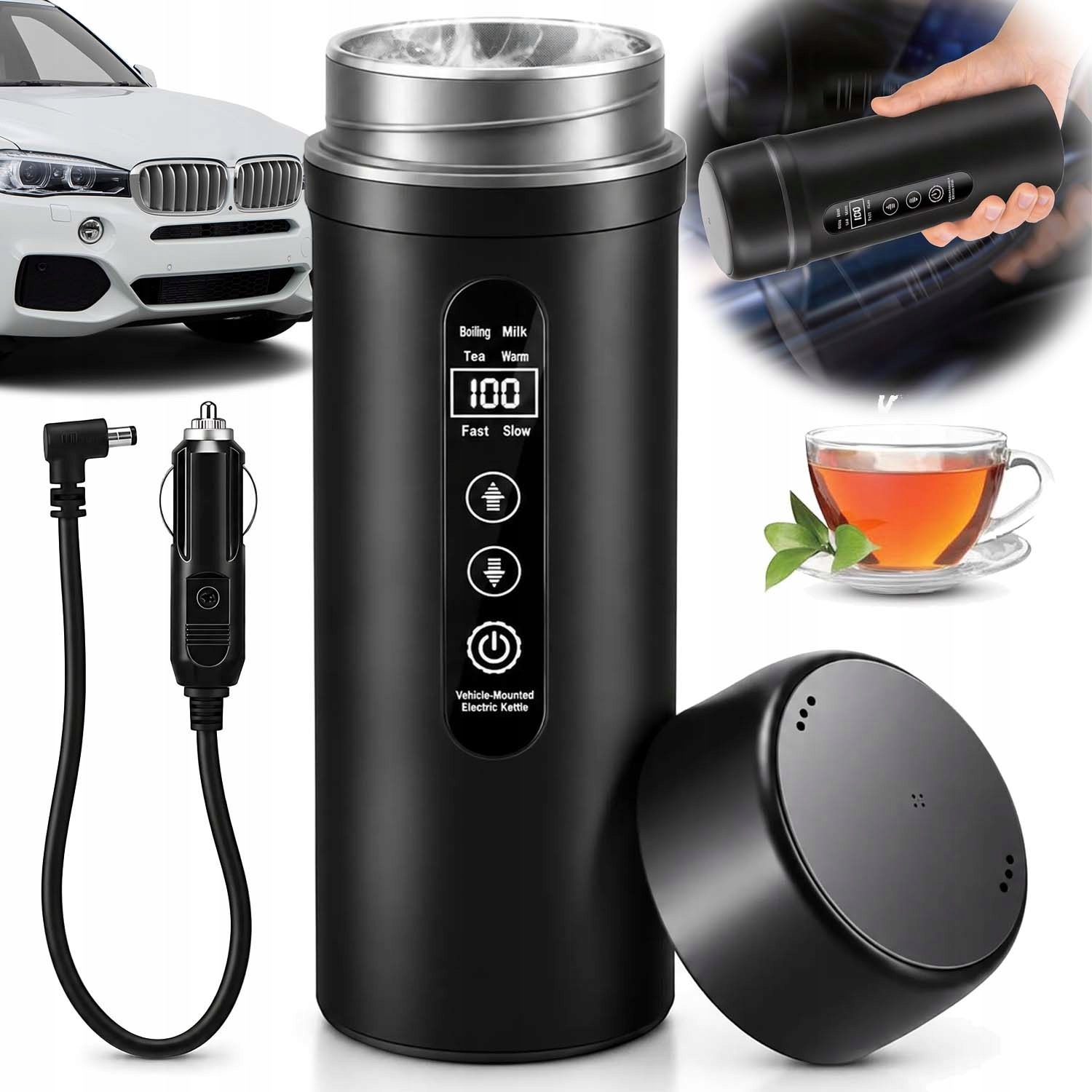 Konvice Do Auta Ocelová Kovová 12V/24V S Zapalovačem, 500 ML, Přenosná