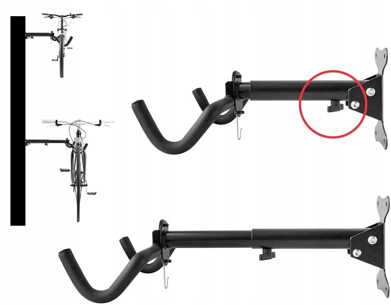 ŚCIENNY UCHWYT WIESZAK HAK NA ROWER REGULOWANY SKŁADANY NA ŚCIANĘ + KOŁKI Model AL-BIKEJ-SUO