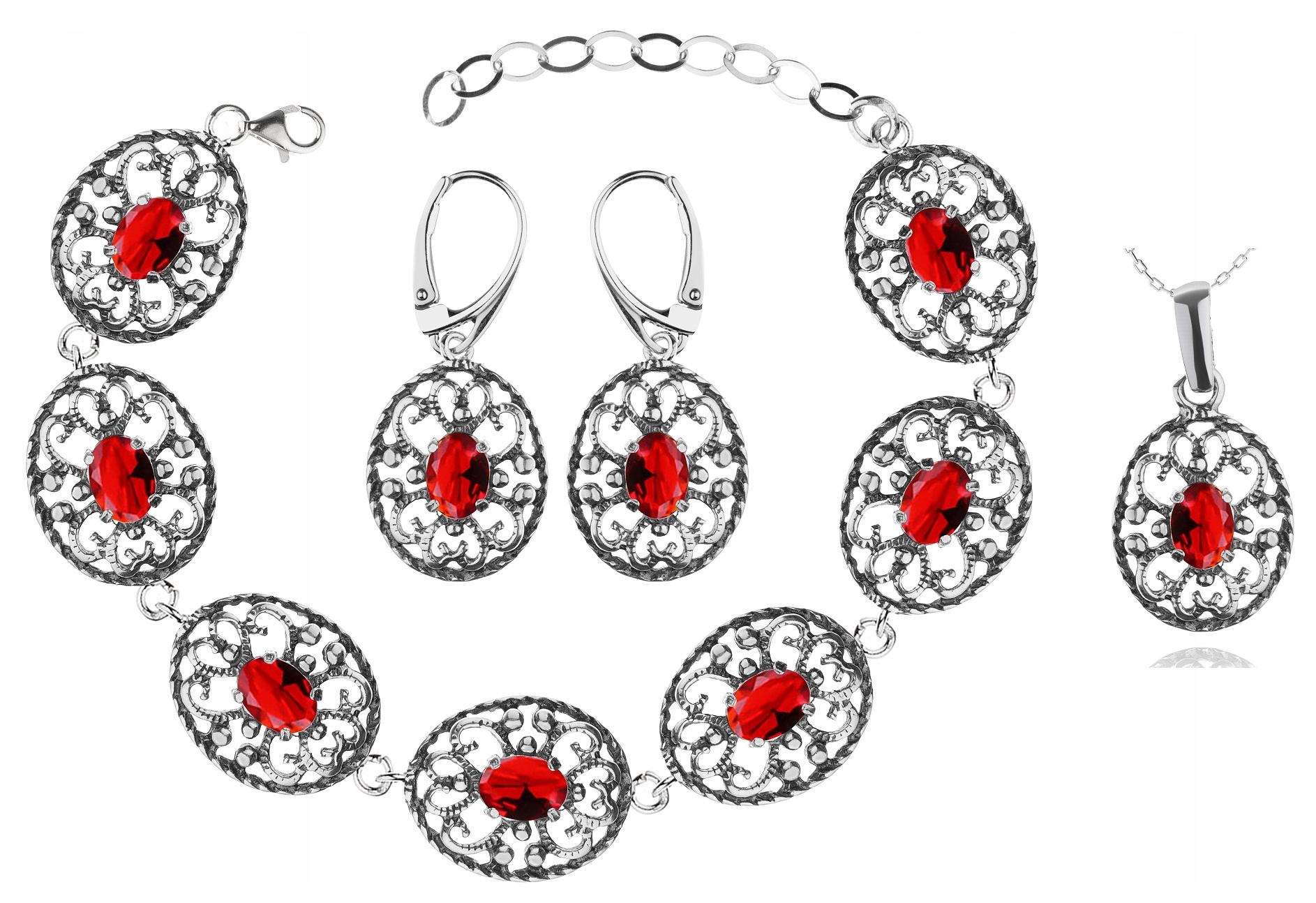 

Komplet Ażurowej Biżuterii Z Czerwonymi Cyrkoniami