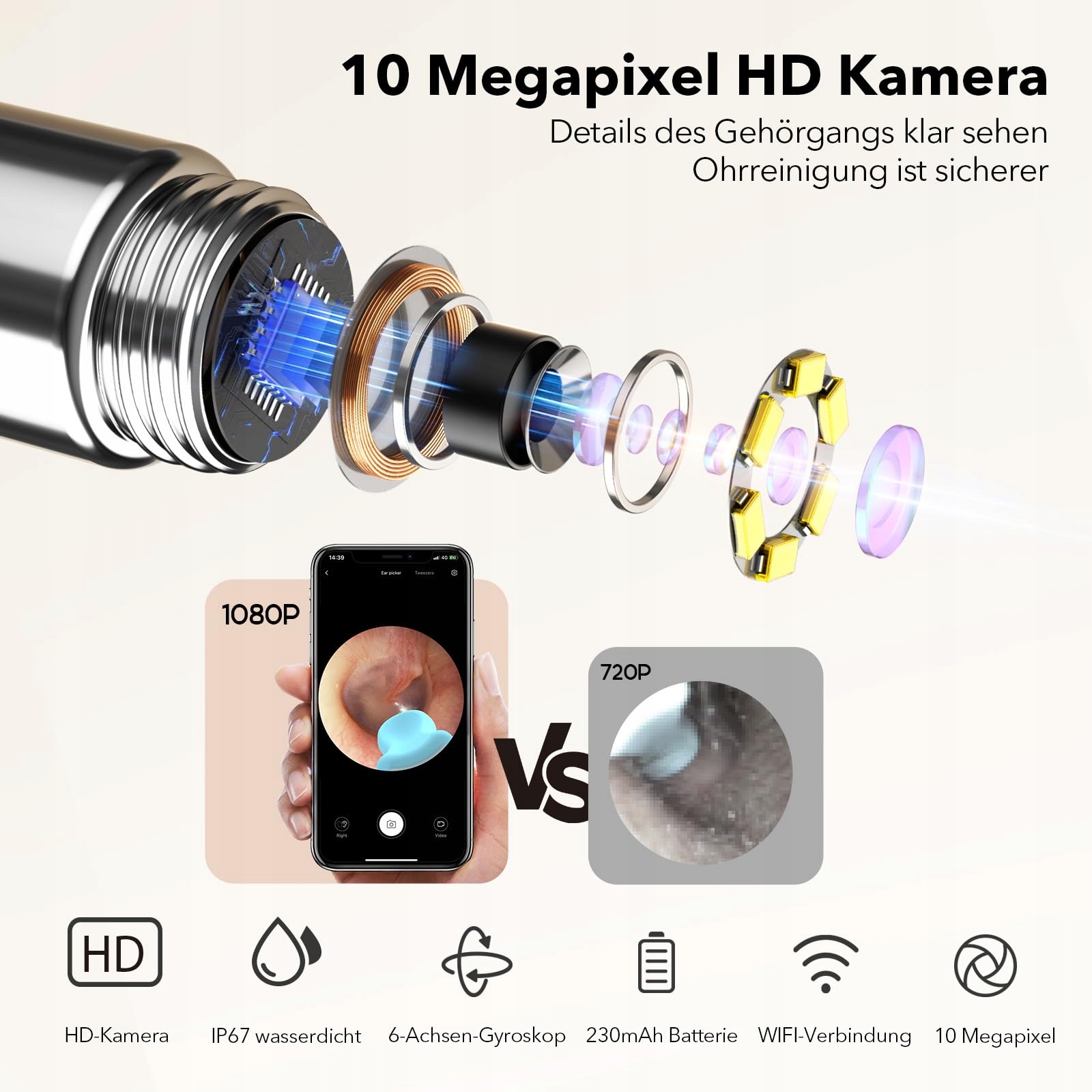 VLIKE Kamera 1080P WiFi Endoskop Do Uszu LED Wodoodporny — miniatura 4