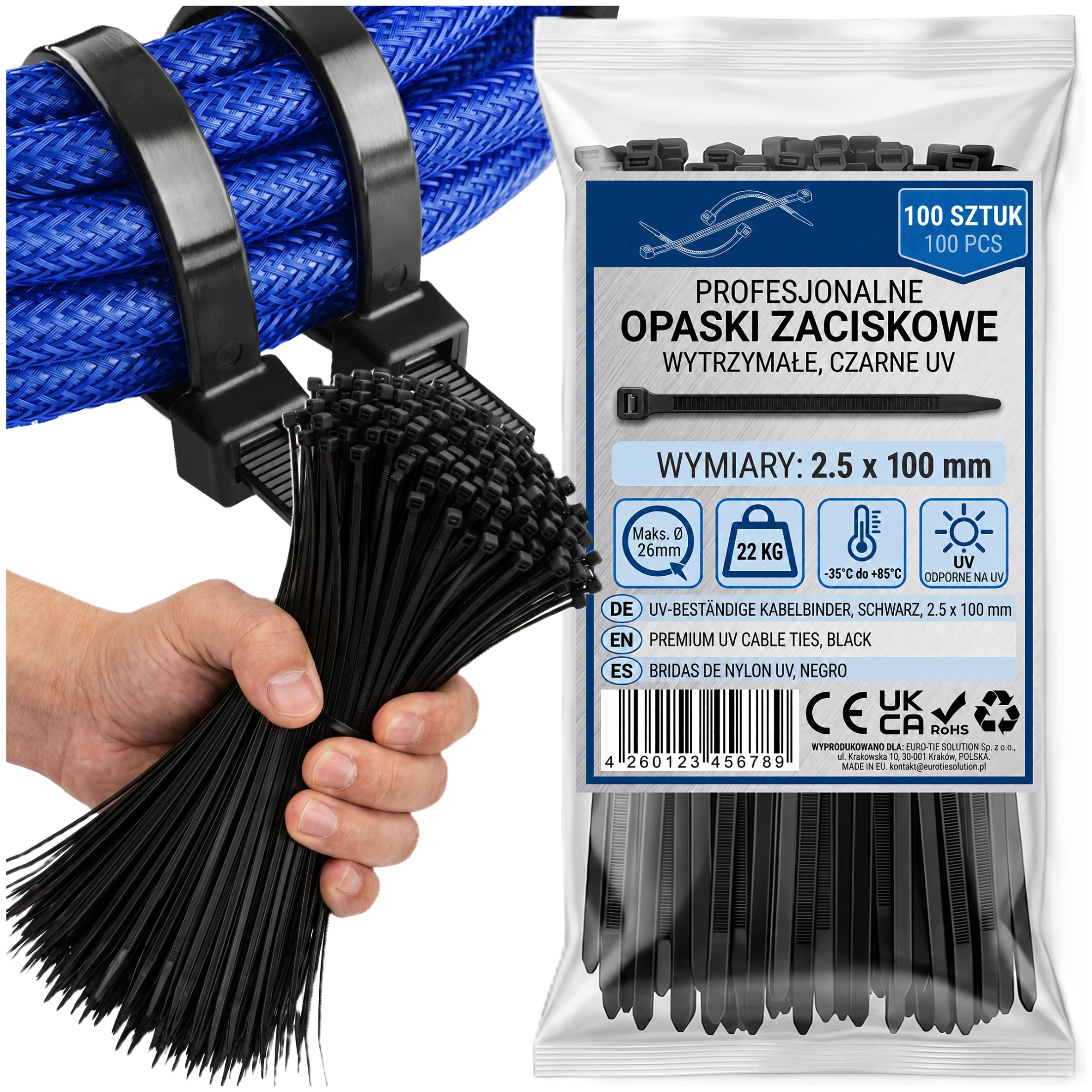 Opaski Zaciskowe Trytytki Kablowe Wytrzymałe Mocne Czarne Uv 2,5x100 100szt