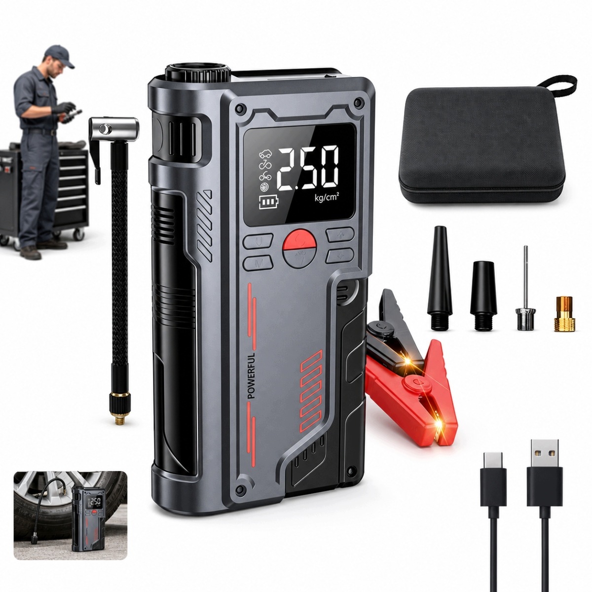 4w1 1000A Jump Starter Z Kompresorem Booster Urządzenie Rozruchowe 20000mAh