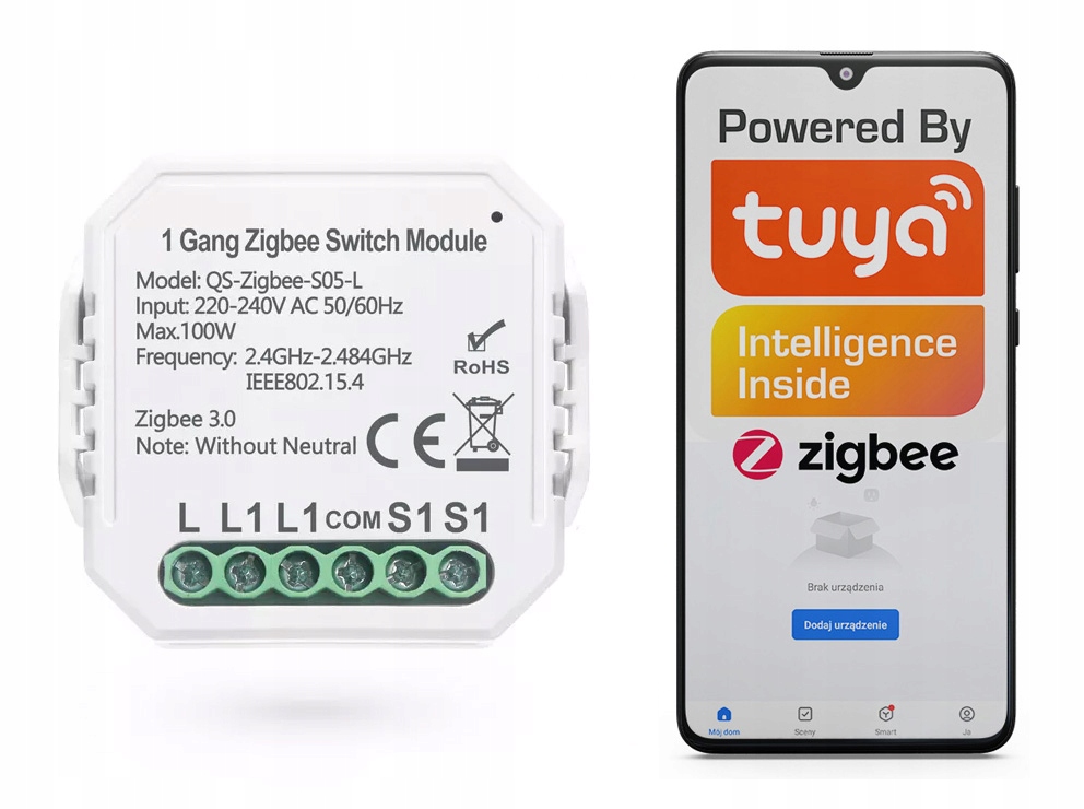 MINI Włącznik ŚWIATŁA DOPUSZKOWY 1 obwód ZIGBEE TUYA SMART HOME #bez N