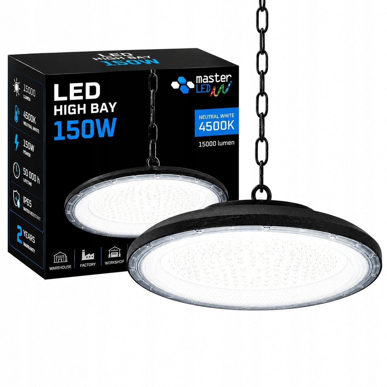 Led průmyslová lampa Ufo High Bay 150W 15000lm IP65 4500K do garáže haly