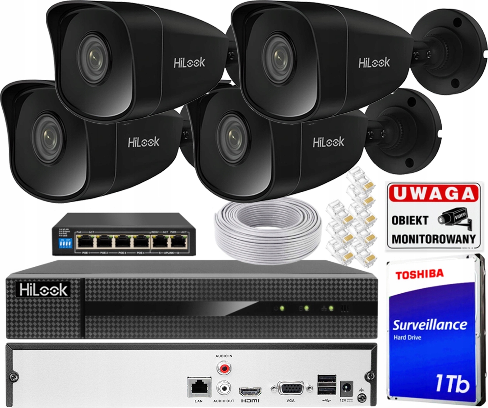 Sada na monitorovanie Ip 4x IPCAM-B5 5Mpx PoE Aplikácia Detekcia Disk 1TB