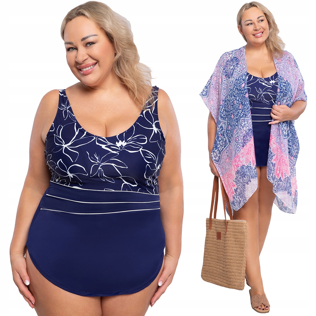 Jednodílné tmavě modré plavky s bílými květy plus size velikost 5