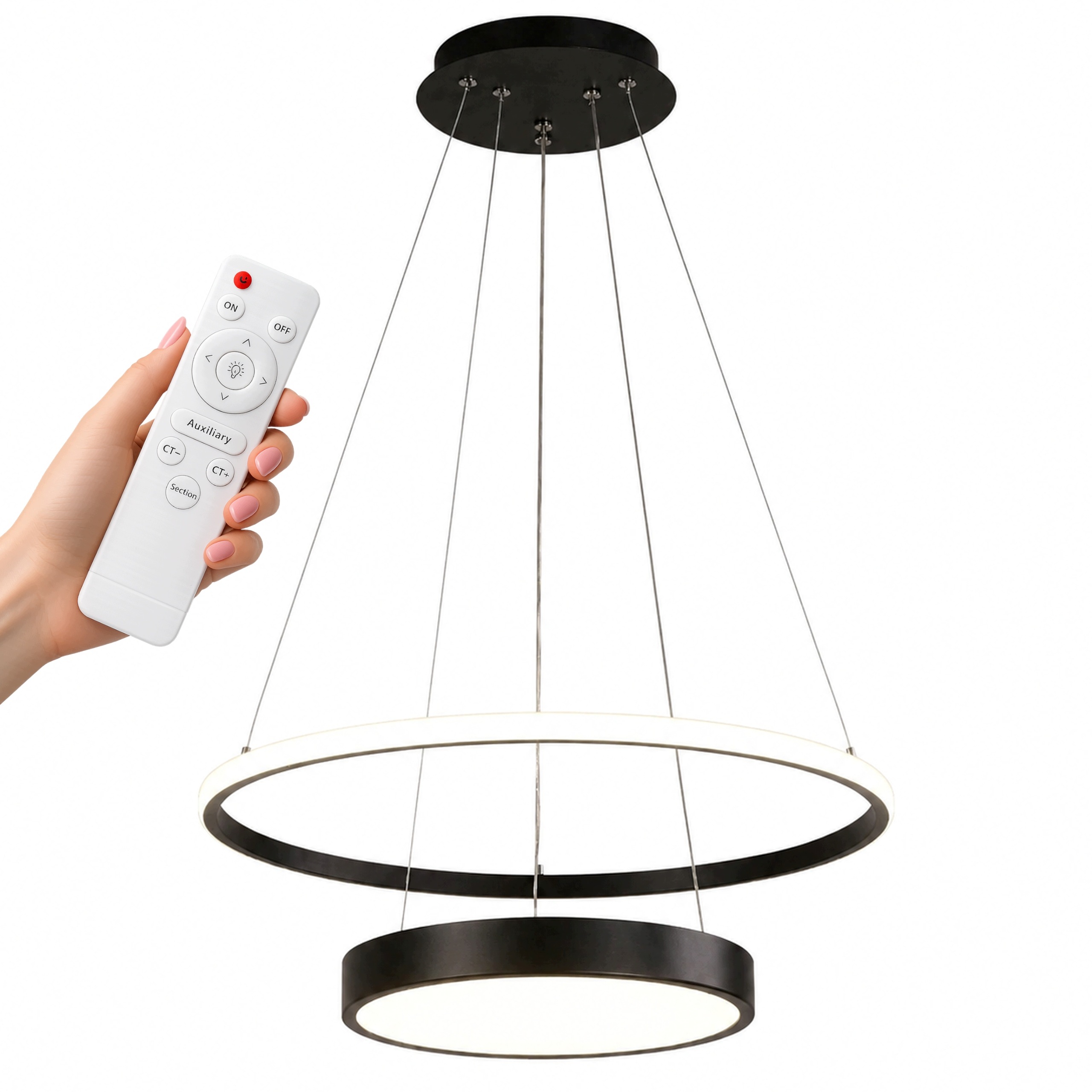 Závěsné Stropní Svítidlo Černá Moderní Led Lustr 50 CM 3 Barvy Dálkový Ovladač
