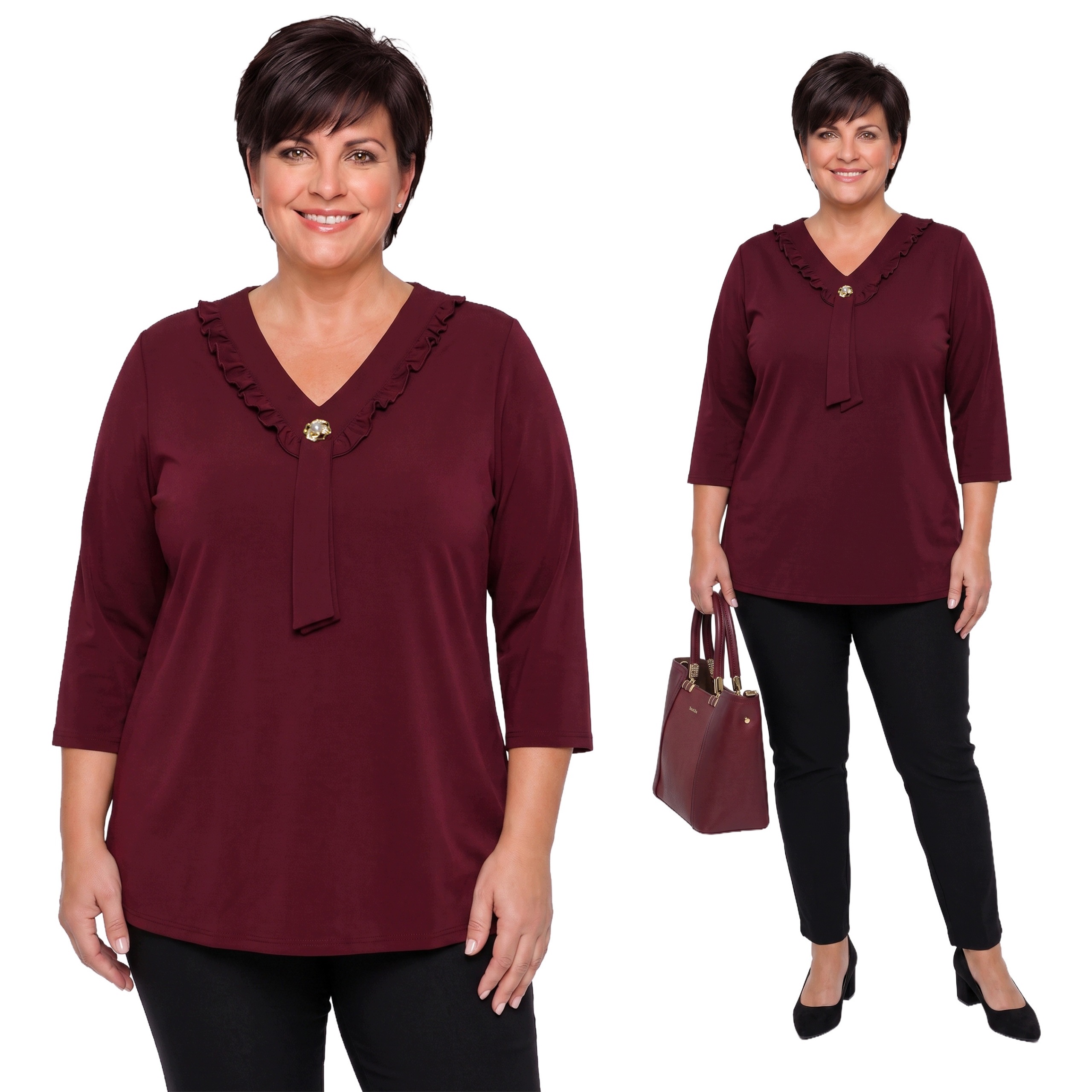 Bordó halenka s volánkem 3/4 rukáv plus size velikost 48/50