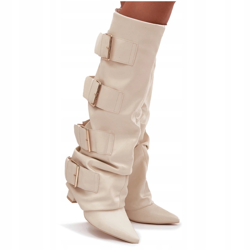 Dámské Kozačky Eko Kůže Zlaté Spony Sloupek Vyhrnutý Svršek Béžová 40