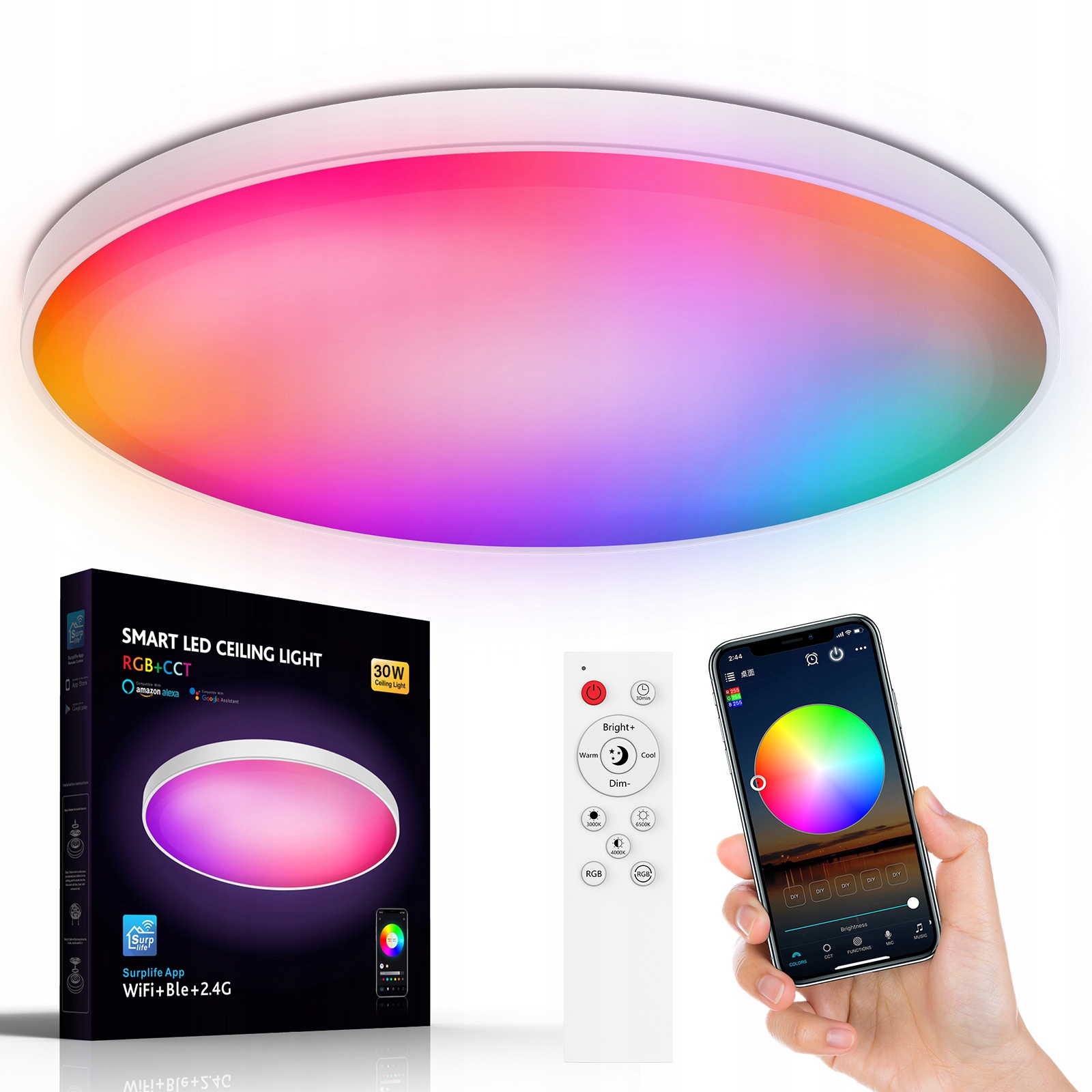 Stropní Svítidlo Rgb 30W 3500LM, Změna barev a stmívání, Ovládání