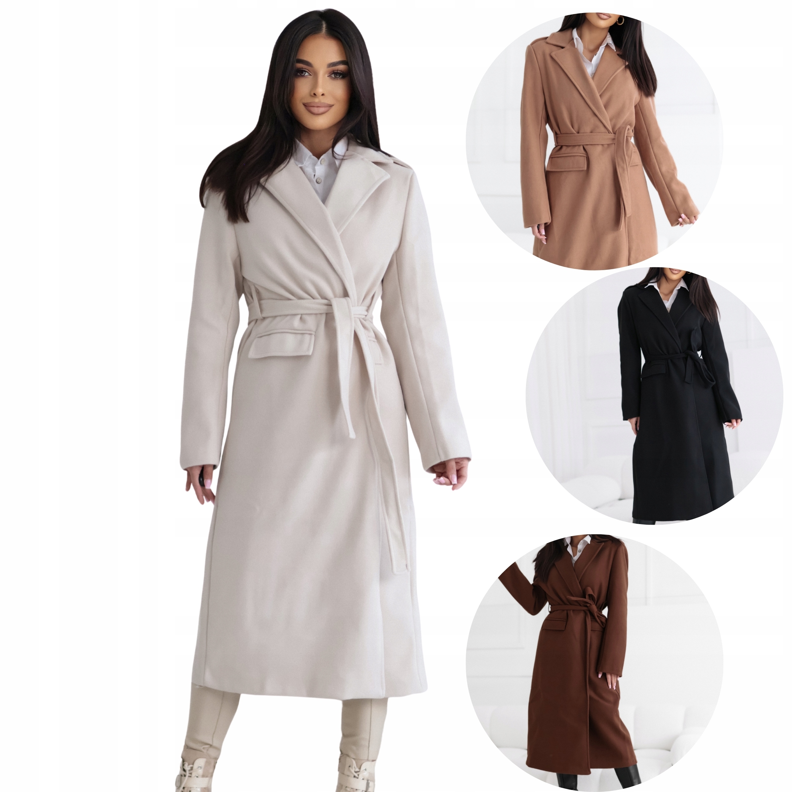 Płaszcz damski klasyczny wiązany flauszowy jasny beżowy Uni S M L