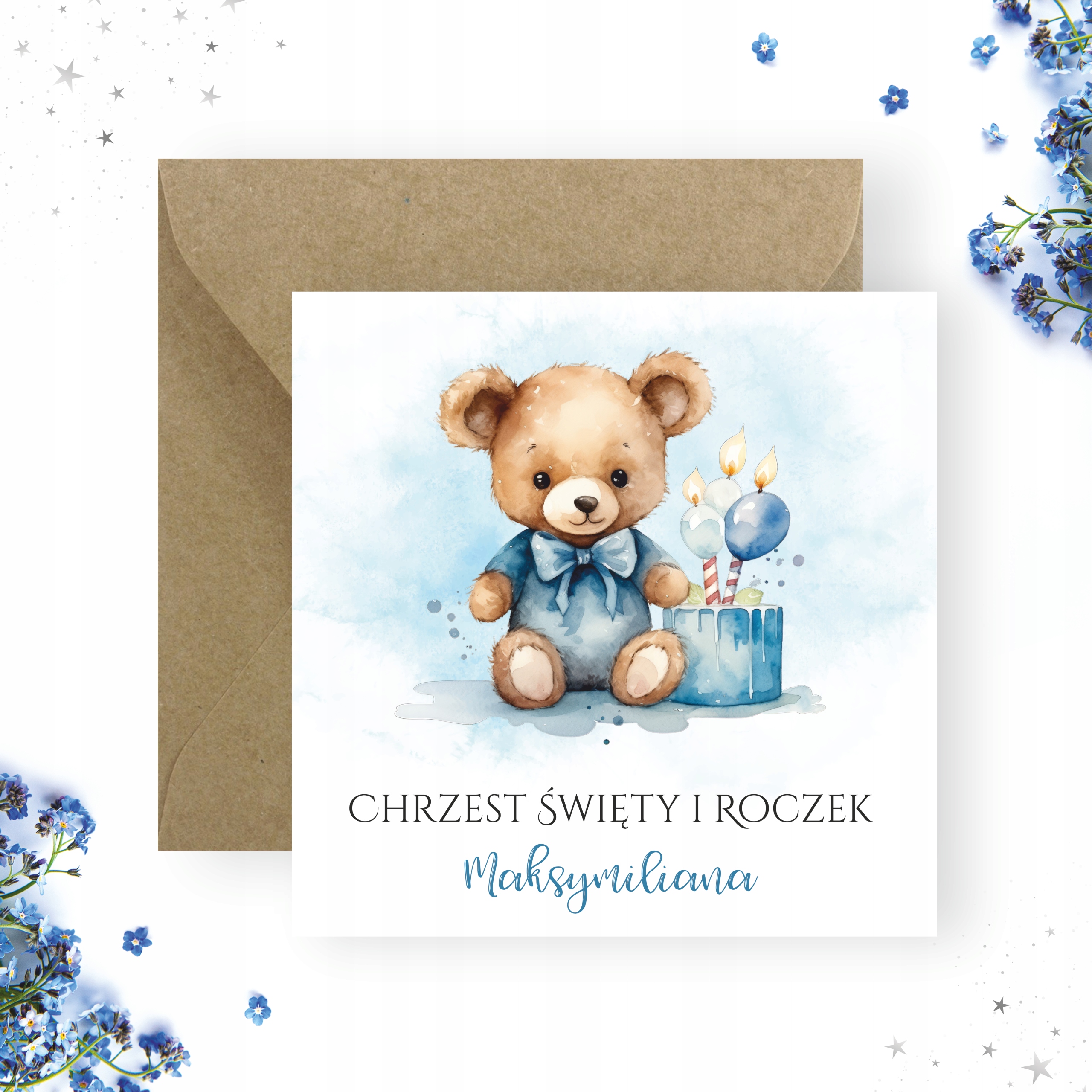ZAPROSZENIA NA CHRZEST I ROCZEK + IMIĘ + KOPERTA BOHO MIŚ Rodzaj chrzest