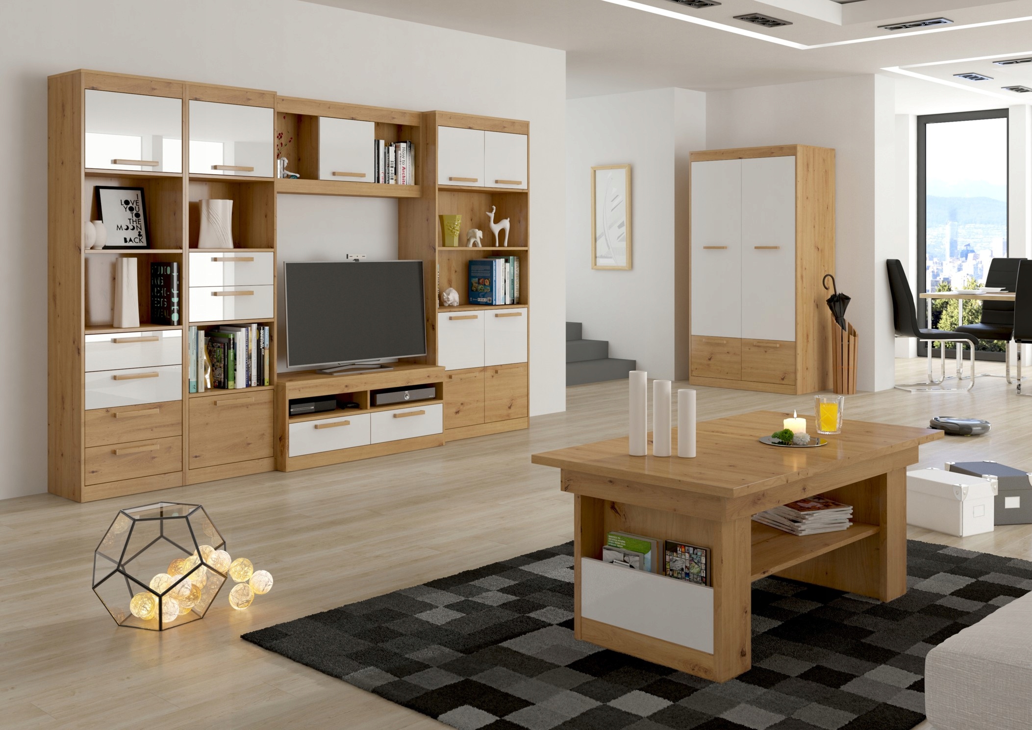 meble EMAX 30 regał W2D2S dąb artisan/biały połysk Kolekcja EMAX