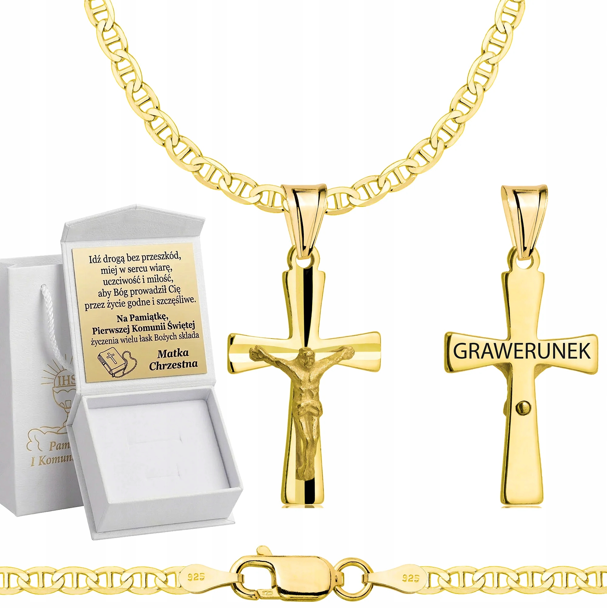 Řetízek Na Komunii Zlatý S Křížkem Gravírováním Pr 925/ 585 2,6MM 45 cm