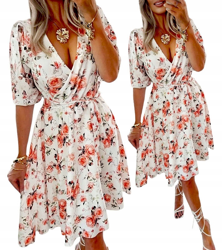 Sukienka W Kwiaty Kopertowa Dekolt V