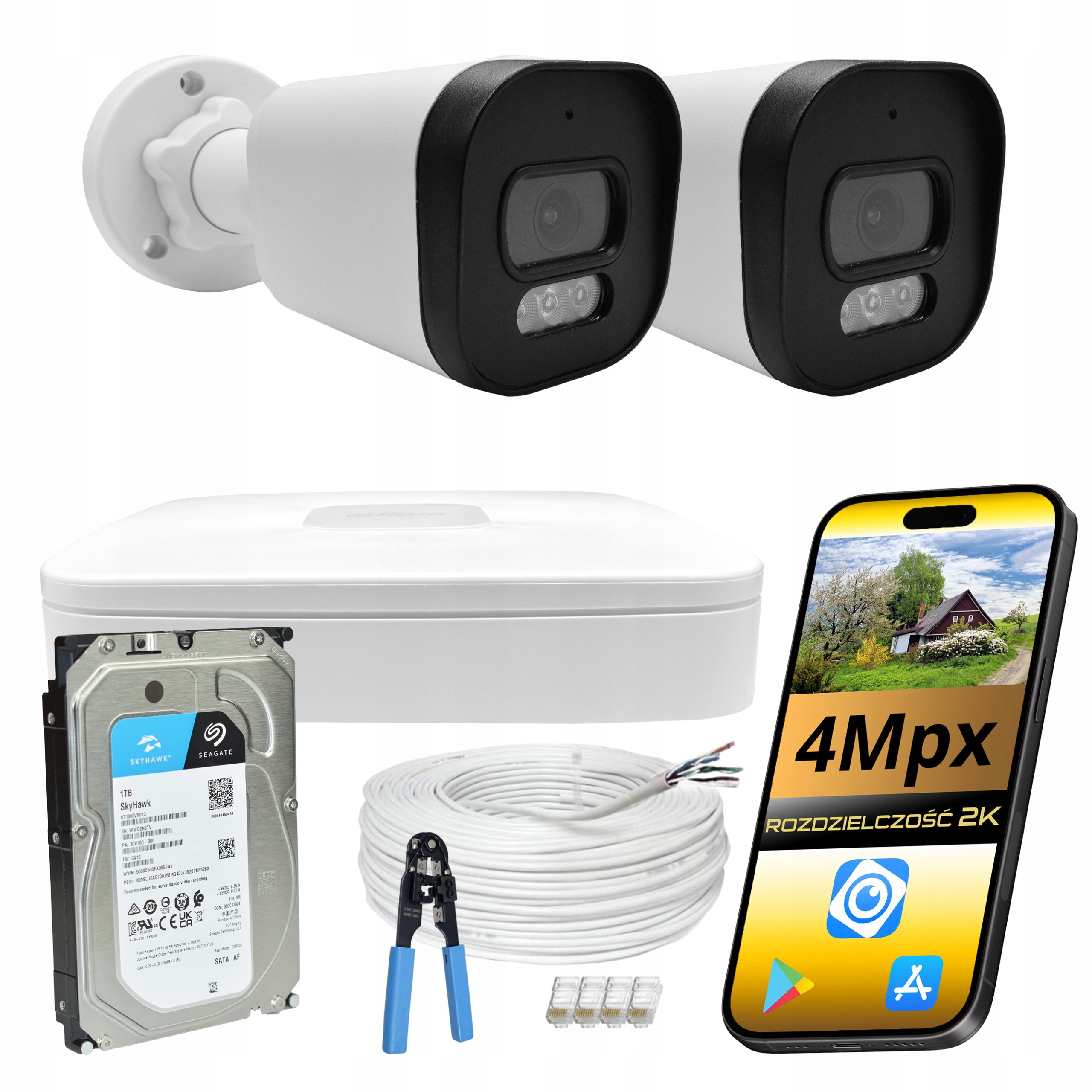 Ip PoE monitorovací sada 2 kamer 4Mpx barva v noci venkovní s diskem