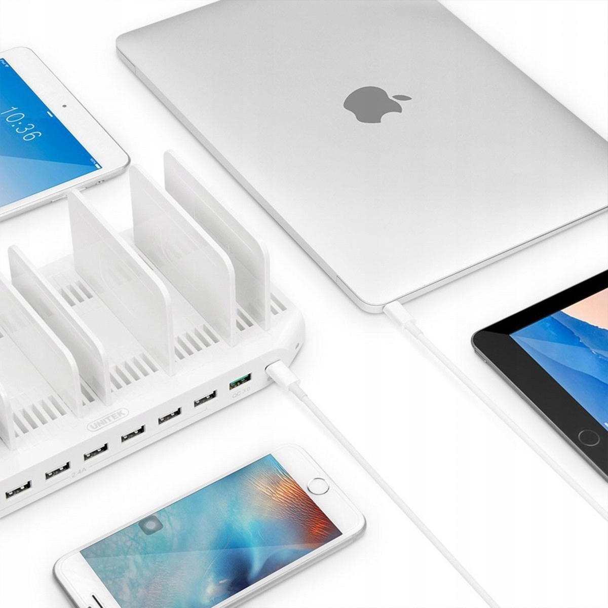 Stacja ładująca Unitek Y-2190A, 10 x USB; QC3.0; 96W Kolor srebrny