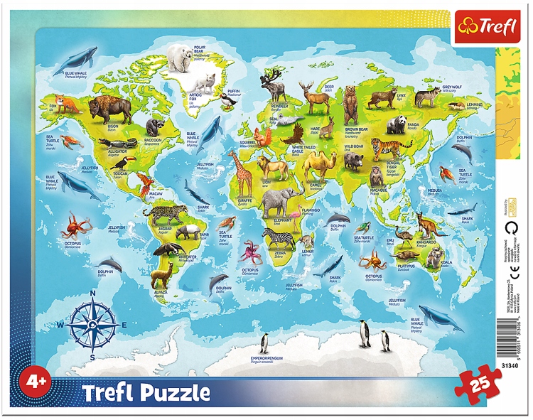

Trefl Puzzle Ramka 25 Mapa Świata Zwierzęta 31340