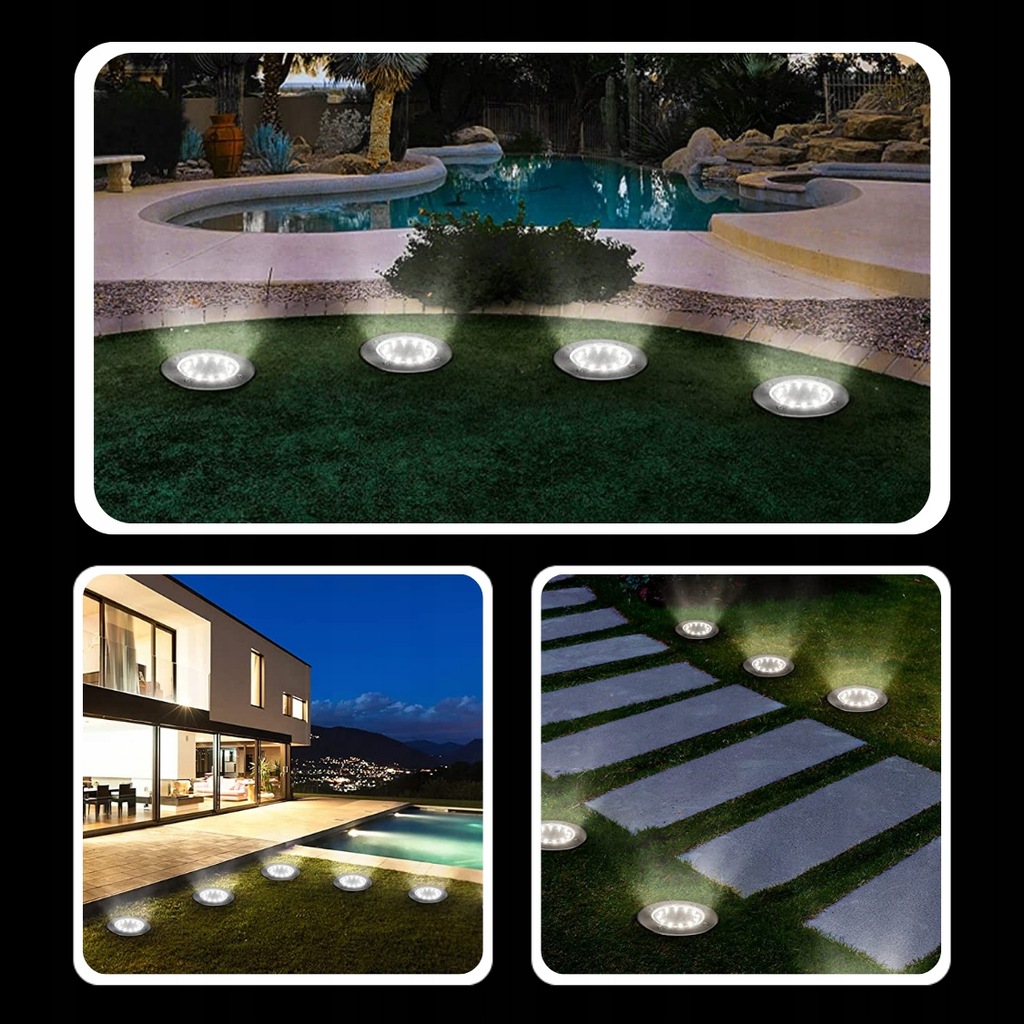 LAMPA SOLARNA OGRODOWA LAMPKI LED GRUNTOWE DYSK CZUJNIK ZMIERZCHU 12 x DYSK Jasność 1500 lm