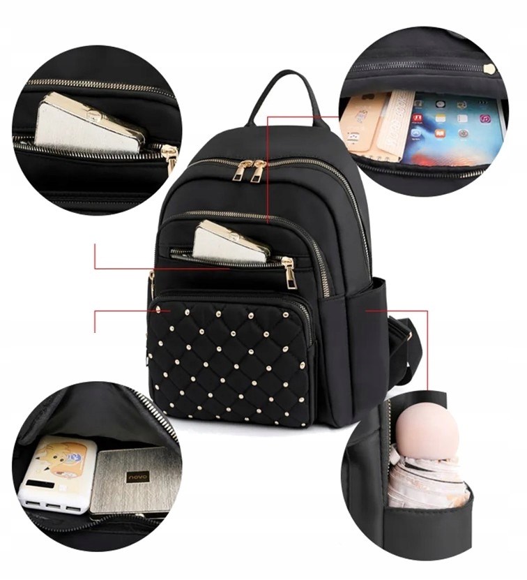 Plecak Czarny wodoodporny Pikowany damski Pojemny 2w1 szkoły pracy miejski Kolor czarny