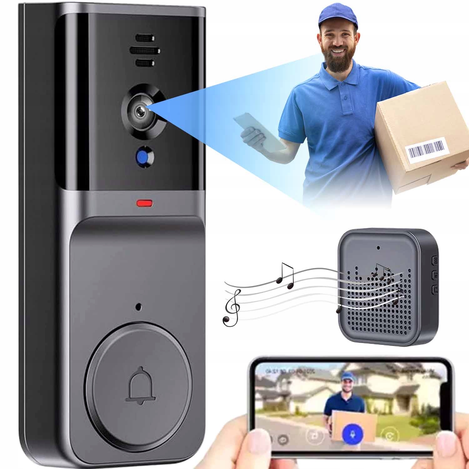 BEZPRZEWODOWY INTELIGENTNY DZWONEK DO DRZWI WIFI NOKTOWIZOREM HD