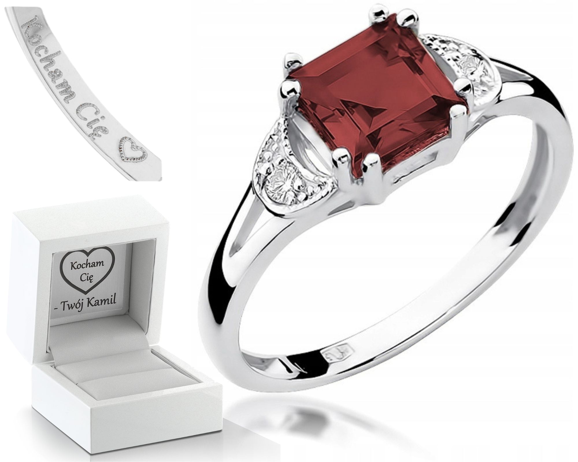Prstýnek Granátový Briliant Bílé Zlato 585 Gravírování