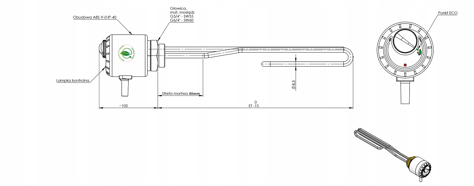 Grzałka nierdzewna 2000W 2kW 6/4 m.in. Elektromet Kod producenta TER-2000-64