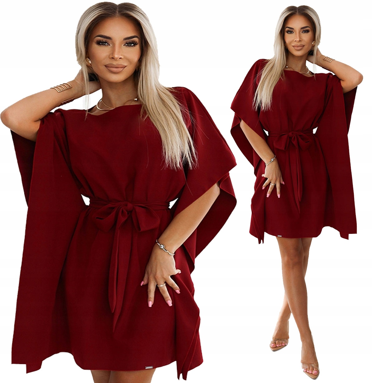 Krásné Šaty Motýl S Páskem Asymetrické Rukávy Bordó S/m