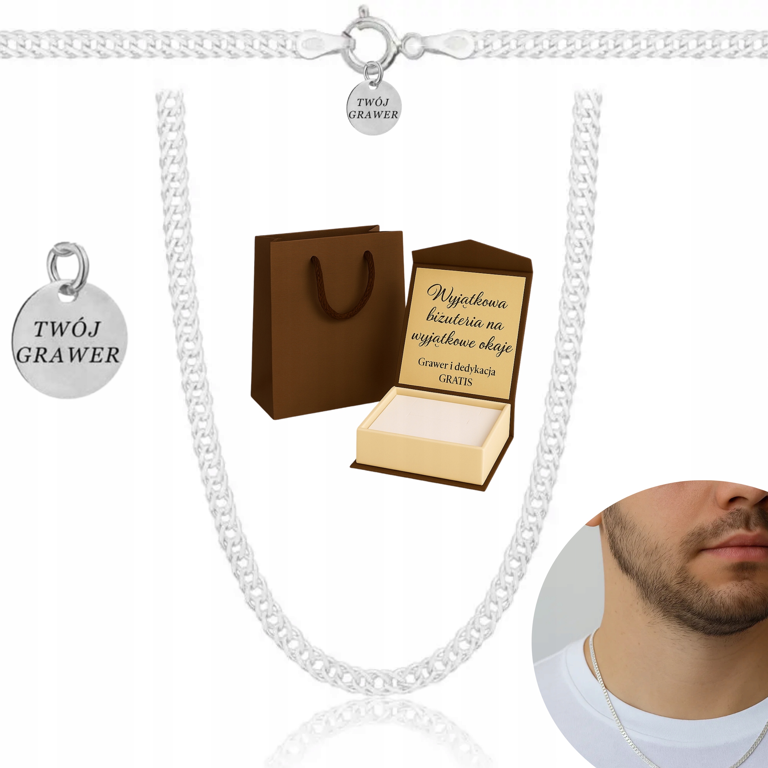 Pánský Řetízek z Ryzost 925 sterlingového stříbra s kosočtvercovým vzorem a přívěskem Gravírování Bonus