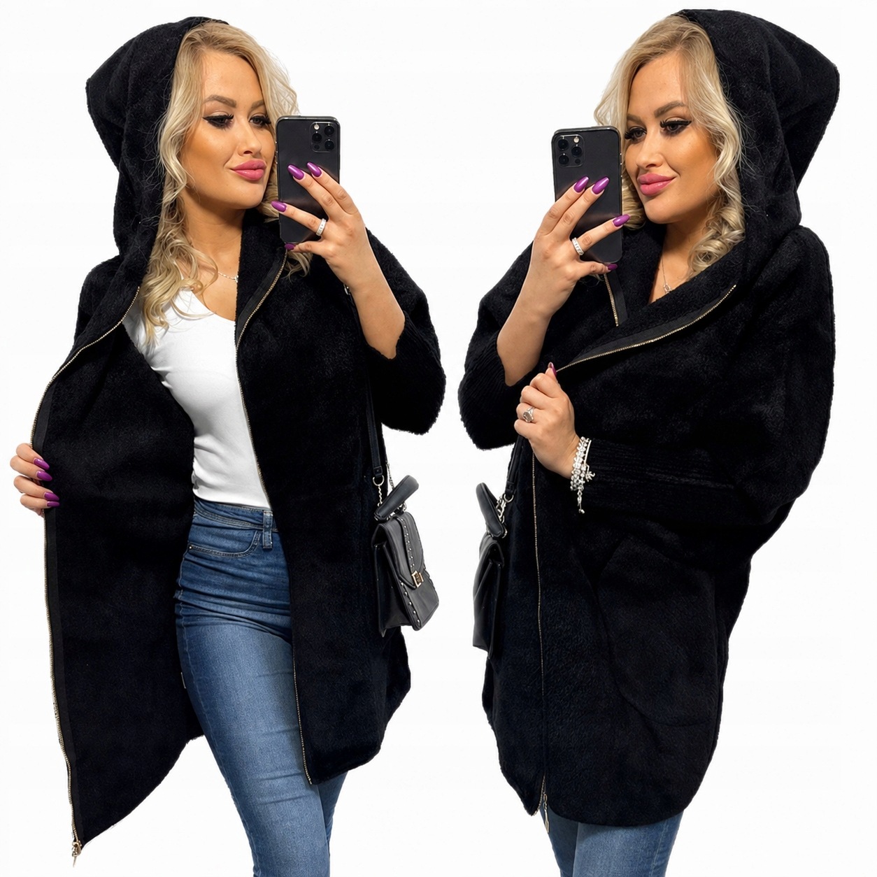 Alpaki Zip Kabát Vlna Barvy oversize Dlouhý Černý