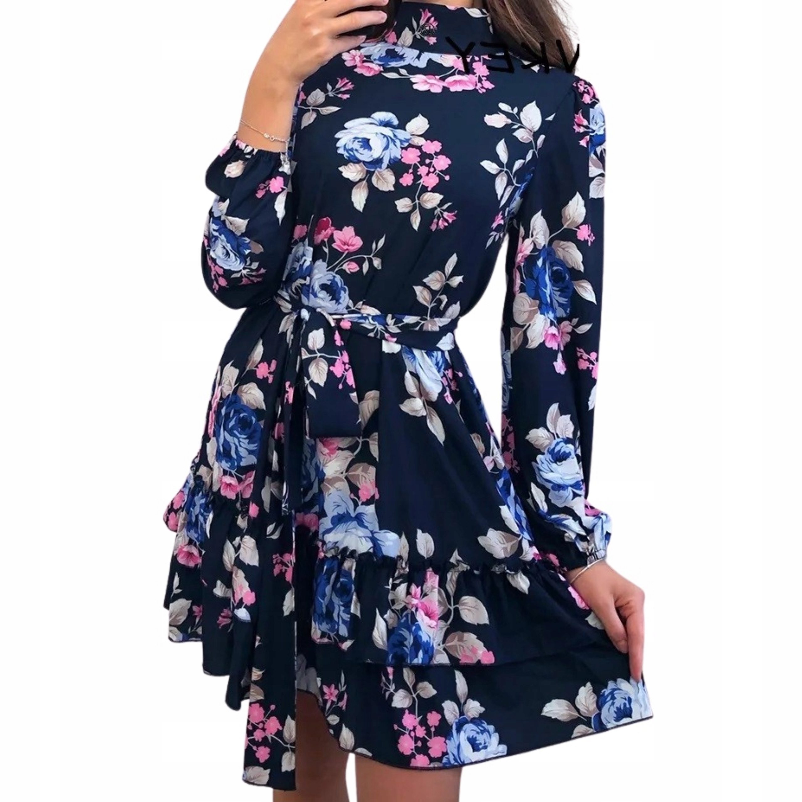 Sukienka damska midi rozkloszowana w kwiaty falbanki letnia zwiewna