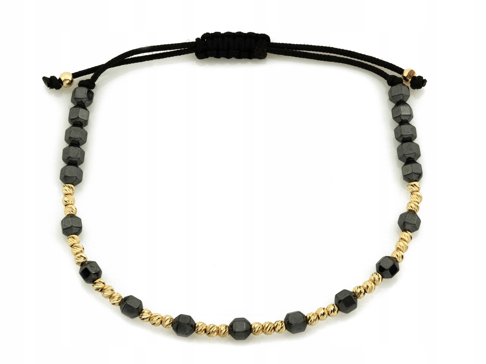 Zlatý náramek zlaté kuličky 585 a hematity na černém provázku 14kt 1.03g