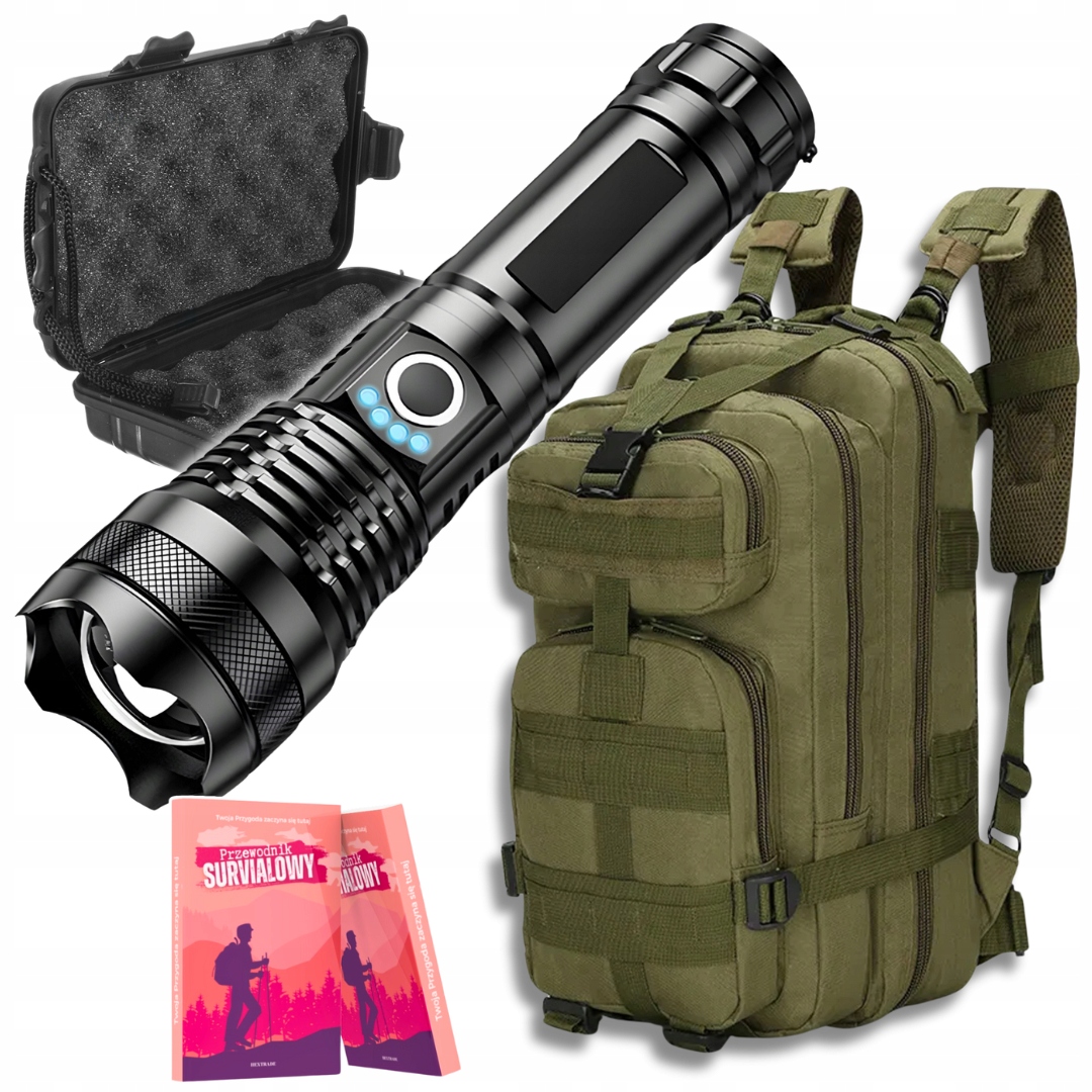 Plecak Khaki Turystyczny 35L Latarka Taktyczna Led Mocna 5000 lm