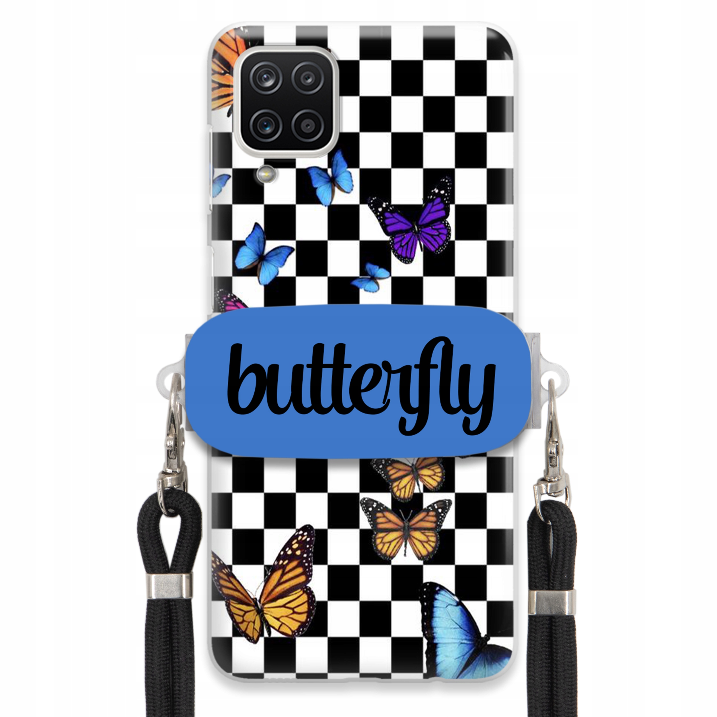 Puzdro Na Samsung A12 5G Puzdro S Obdĺžnikovým Držiakom Čierne Vodítko Butterfly Motýle
