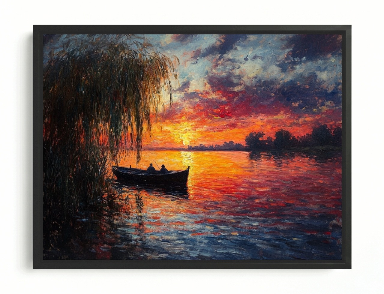 Obraz Rama American Box Krajina Jezero Loďka Rybář Slunce Západ 80x60