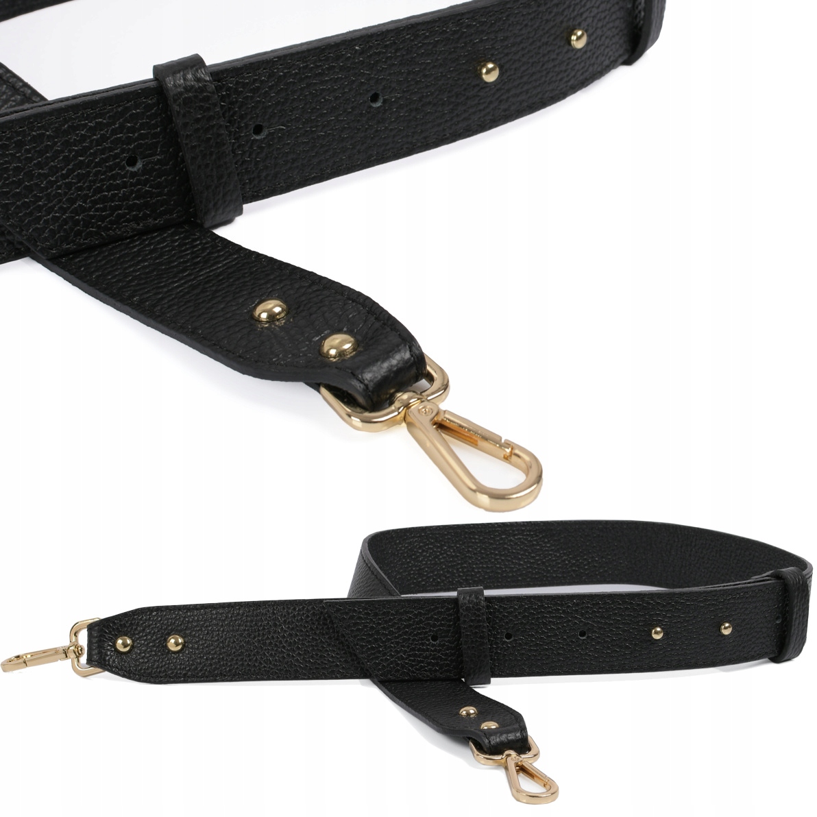 Szeroki pasek do torebki 4 cm skórzany czarny ze złotymi okuciami