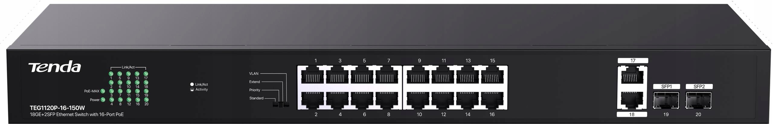 PoE Switch Tenda TEG1120P-16-150W Gigabitový s 2x Sfp+