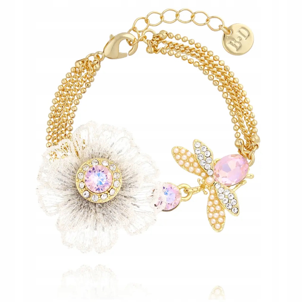 Dámský zlatý náramek By Dziubeka, skleněné křišťály, kytička 19 Cm