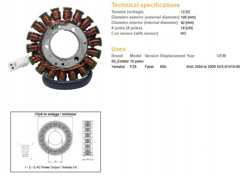 Vinutie Alternátora Stator Yamaha FZ6 Fazer 04-09
