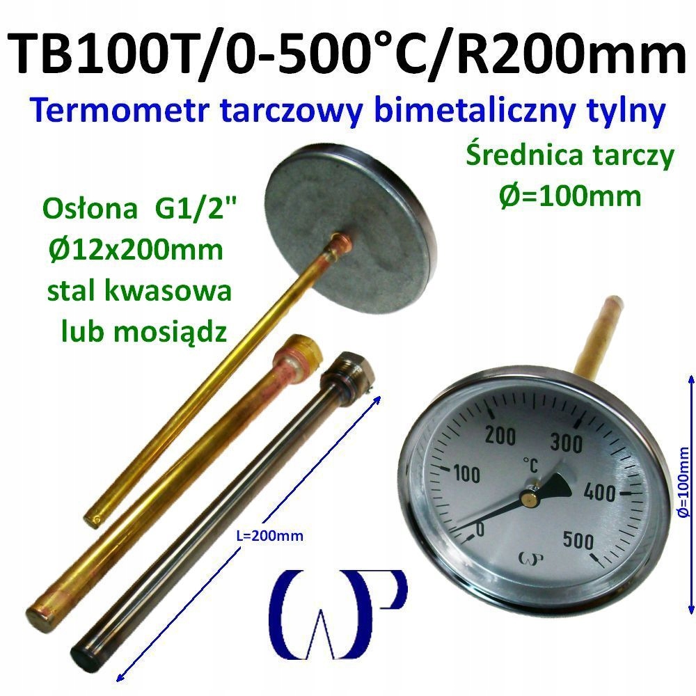 Bimetalový kotoučový teploměr TB100T/0-500°C s mosazným krytem G1/2" 200 mm