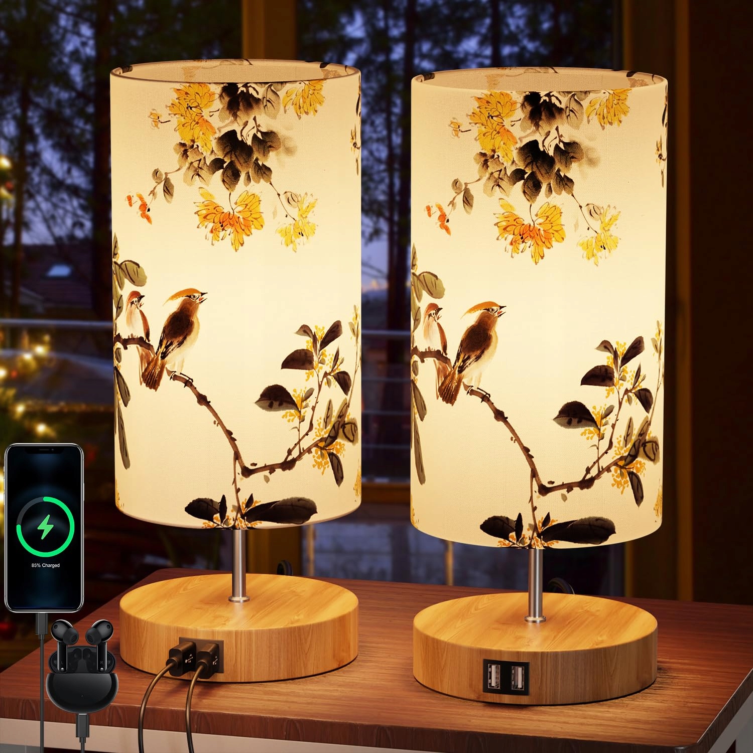Zestaw 2 Lampa lampek nocnych Gpatio Stołowych Led z Portami Usb Abażur