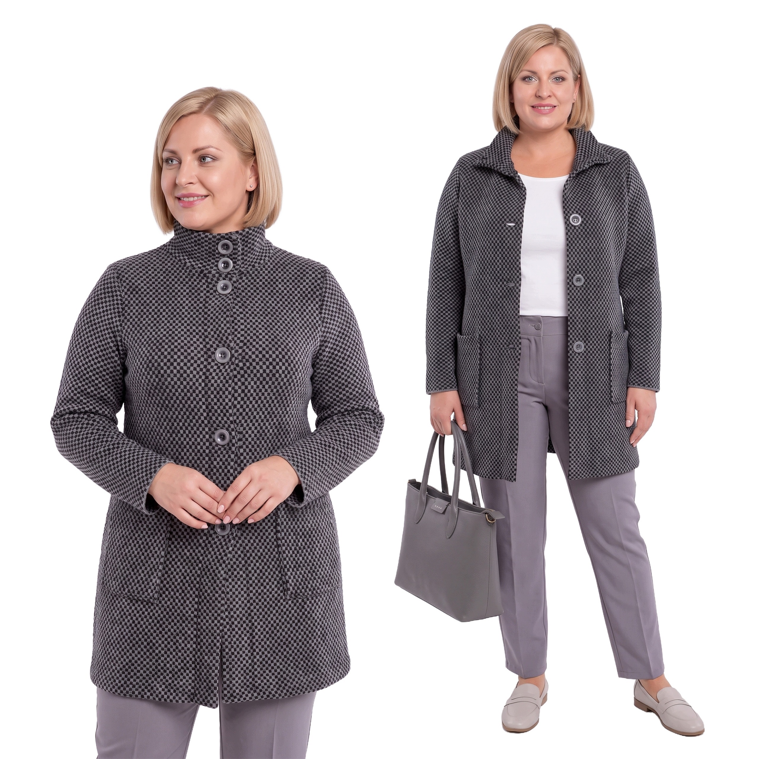 Šedo-černý kabát s vysokým límcem plus size velikost 56