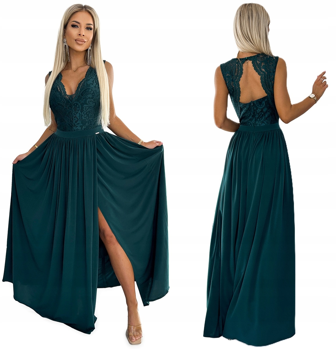 Dlouhé Večerní Šaty S Krajkovým Výstřihem, Lahvově Zelená Barva M