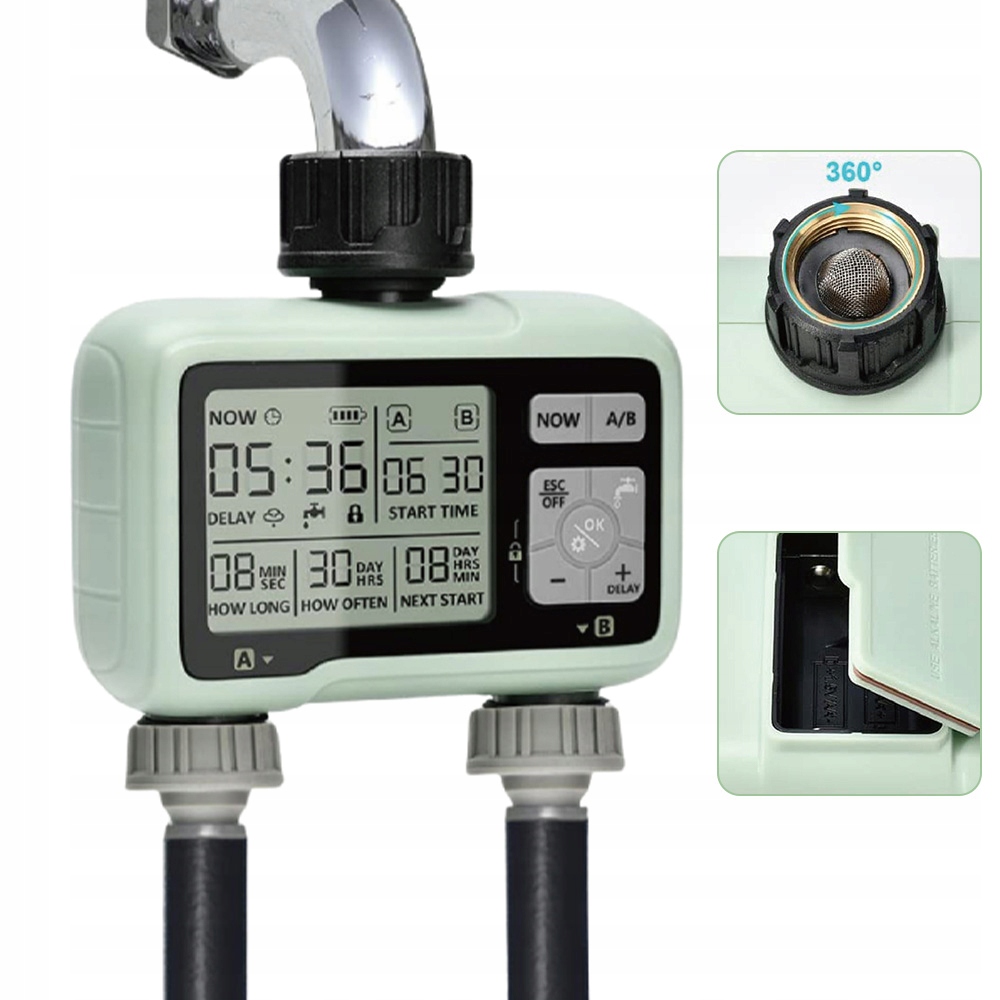 Regulátor Zavlažování Zahrady 2-SEKČNÍ Vodní Hodiny LCD IPX5 Automatické