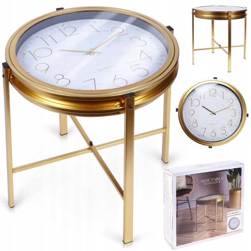 Konferenčný stolík kovové zlaté hodiny Glamour okrúhly stôl, lavička