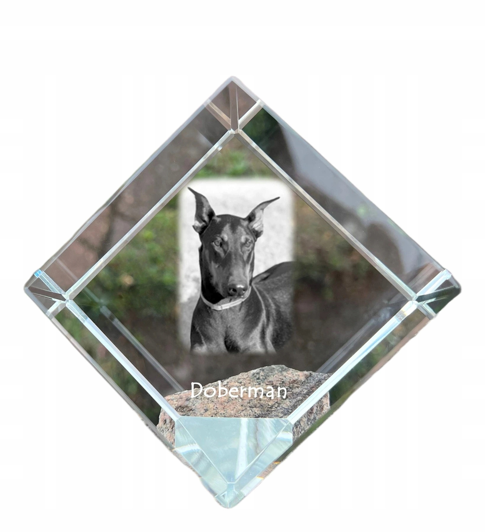 Doberman krištáľová kocka s fotografiou psa, ozdoba na stôl, tlačidlo
