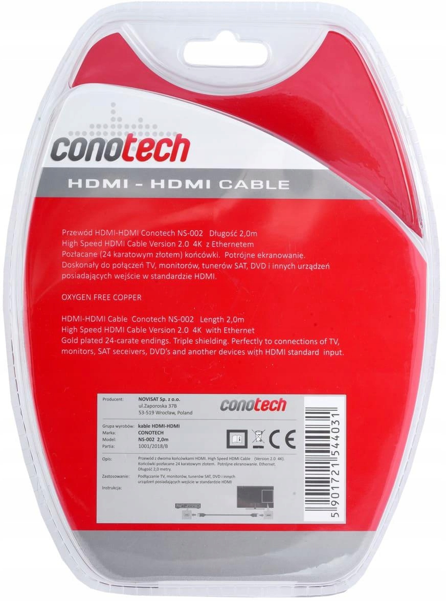 Kabel Przewód HDMI HDMI 2.0 4K 60Hz ARC HDR HLG 2m Marka Conotech