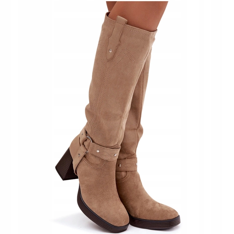 Dámské Zateplené Kozačky Na Zip S Eko Semišovým Prošíváním, Béžové, Velikost 40