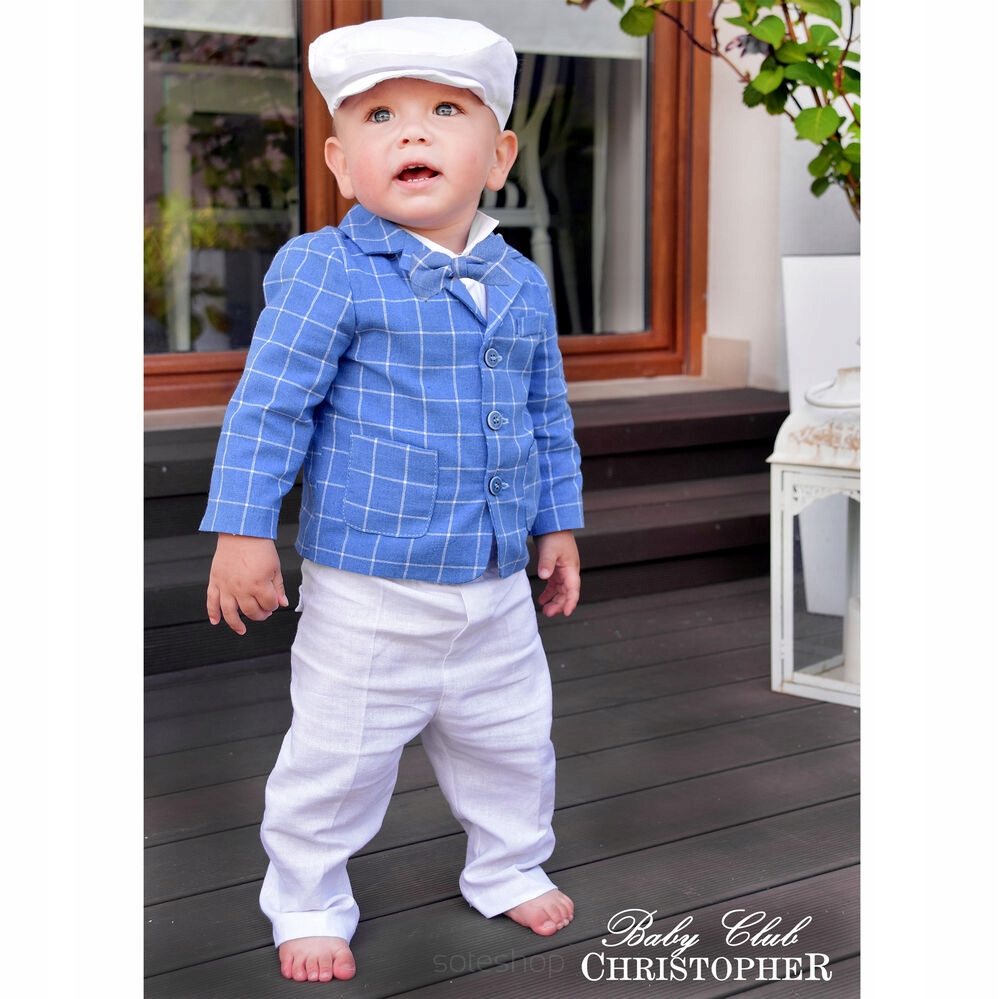 Garnitur Bawełniany 100% Lniany Chłopięcy do Chrztu Christopher rozmiar 62 Kolor niebieski